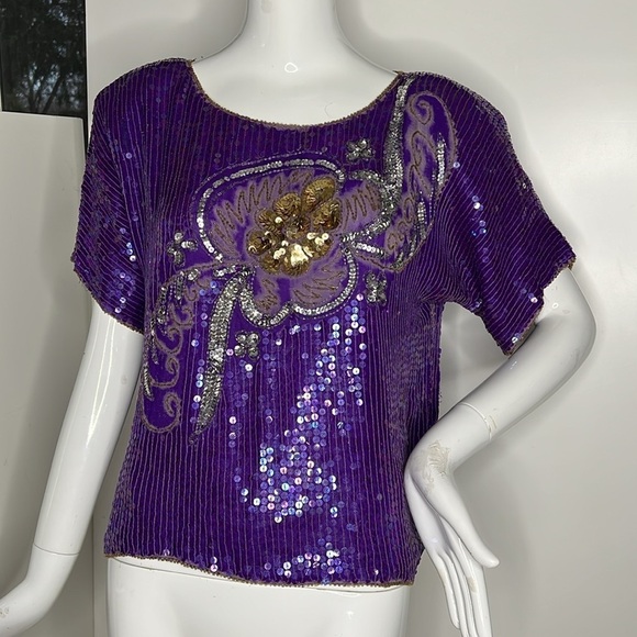 JLB Sz L Purple Silk Beaded Short Sleeve Blouse - Picture 2 of 5